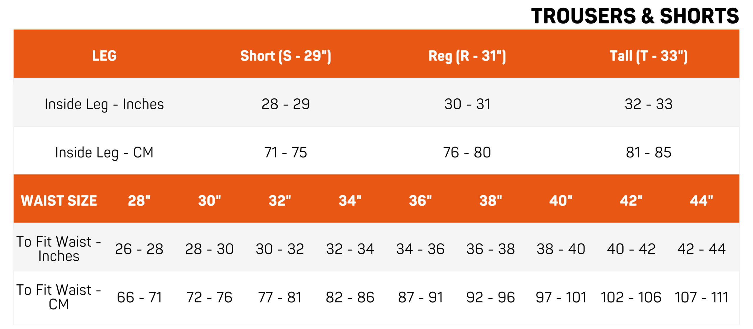 Xpert trouser and shorts size guide showing waist and leg measurements for work trousers and work shorts